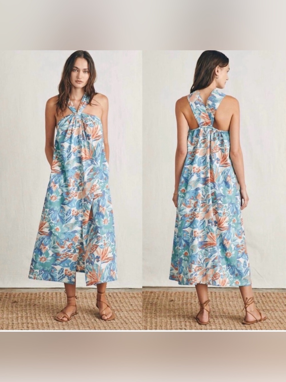 NWT Faherty Bay Twist Dress Blue Floral Halter Midi Dress Size XS